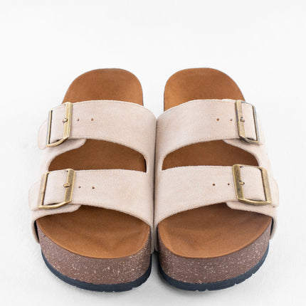 Double Buckle Platform Sandals - Beige