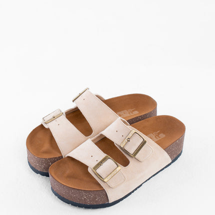 Double Buckle Platform Sandals - Beige