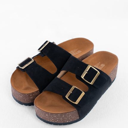 Double Buckle Platform Sandals - Black