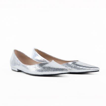 Textured Pointed Ballet Flats - Silver