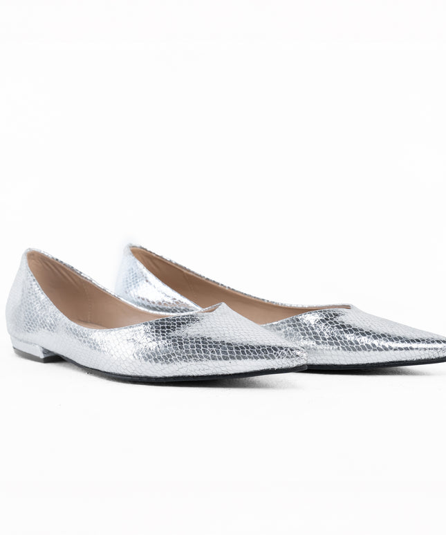 Textured Pointed Ballet Flats - Silver