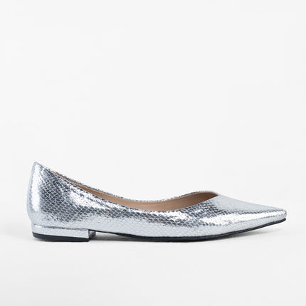 Textured Pointed Ballet Flats - Silver